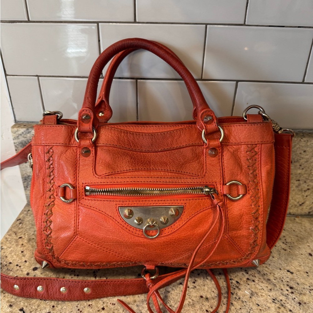 SAM EDELMAN Orange Satchel with Braided Trim and Silver Hardware